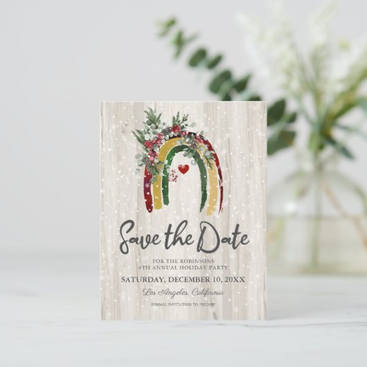 Rustic Boho Rainbow kerstparty Save the Date Aankondigingskaart (Staand voorkant)
