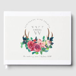 Rustic Boho Red Floral Stag Antlers Baby shower Gastenboek