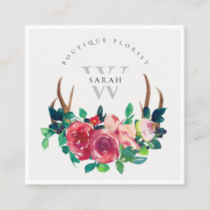Rustic Boho Red Floral Stag Antlers Monogram Vierkante Visitekaartje