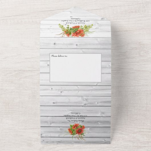 Rustic Boho Red Sunflower Country Barn Wedding All In One Uitnodiging (Buitenkant)