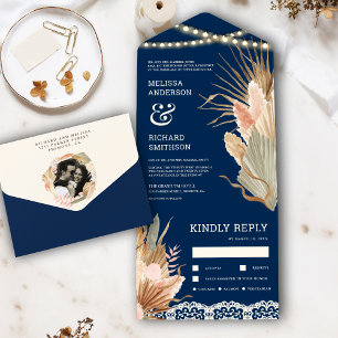 Rustic Boho reed Palm Pampas Navy Blue Wedding All In One Uitnodiging