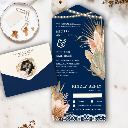Rustic Boho reed Palm Pampas Navy Blue Wedding All In One Uitnodiging