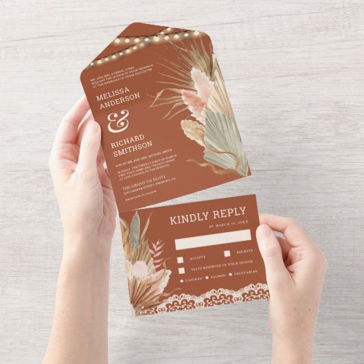Rustic Boho reed Palm Pampas Terracotta Wedding All In One Uitnodiging (Afscheurbaar)