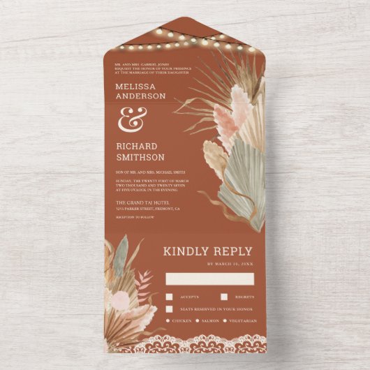 Rustic Boho reed Palm Pampas Terracotta Wedding All In One Uitnodiging (Binnen)