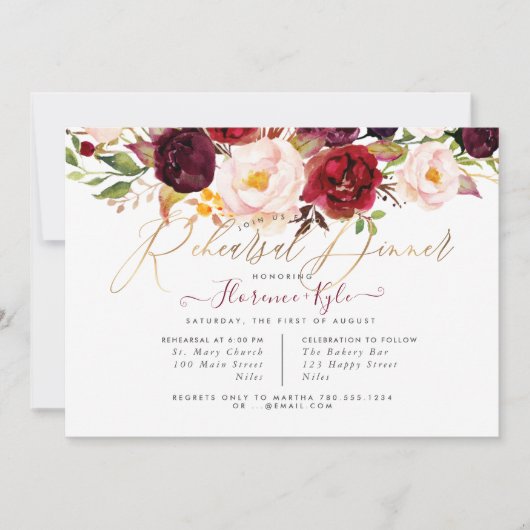 Rustic Boho Rehearsal Dinner Marsala Blush Peonies Kaart (Voorkant)
