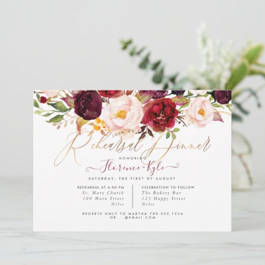 Rustic Boho Rehearsal Dinner Marsala Blush Peonies Kaart (Staand voorkant)