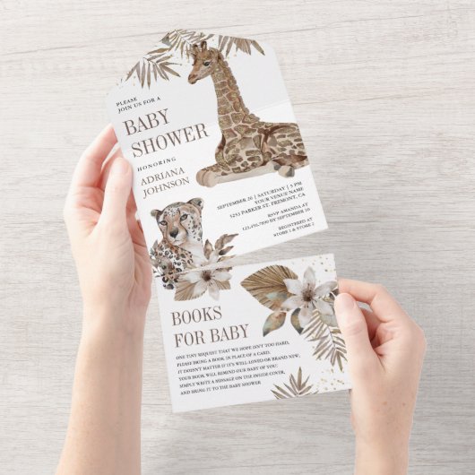 Rustic Boho Safari Leopard en Giraffe Baby shower All In One Uitnodiging (Afscheurbaar)