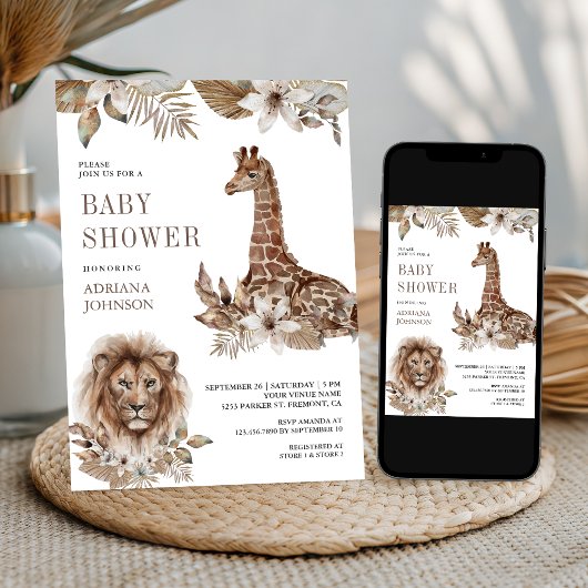 Rustic Boho Safari Lion and Giraffe Baby Shower Kaart