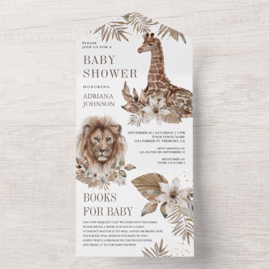 Rustic Boho Safari Lion en Giraffe Baby shower All In One Uitnodiging (Binnen)