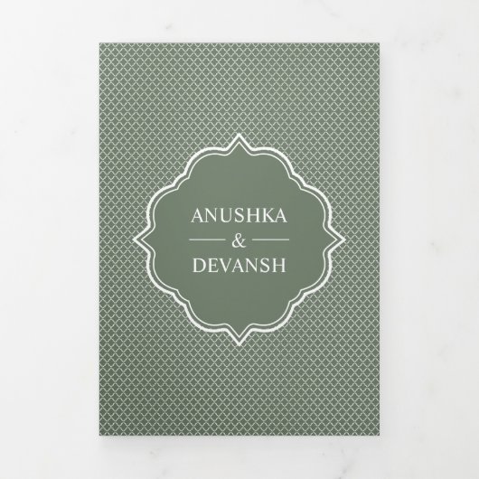 Rustic Boho Sage Green Ethnic Indian Arch Wedding Drieluik Uitnodiging (Cover)