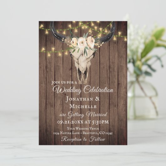 Rustic Boho Skull en Lichten op het Houthuwelijk Kaart (Staand voorkant)