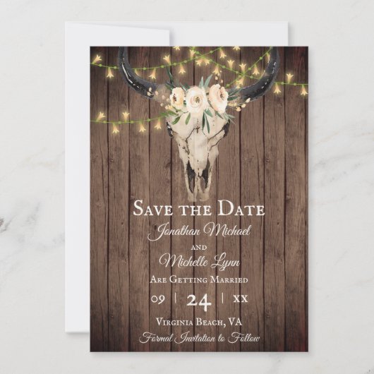 Rustic Boho Skull en Lichten op het Houthuwelijk Save The Date (Voorkant)