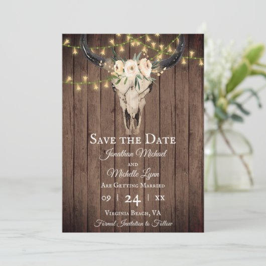 Rustic Boho Skull en Lichten op het Houthuwelijk Save The Date (Staand voorkant)