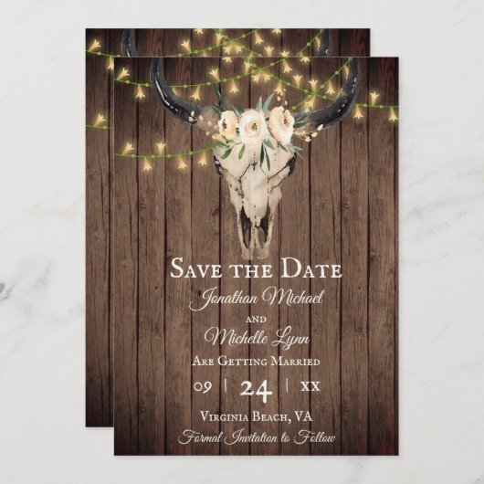 Rustic Boho Skull en Lichten op het Houthuwelijk Save The Date (Voorkant / Achterkant)