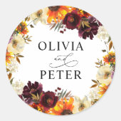 Rustic Boho Sunflower Burgundy Floral Fall Wedding Ronde Sticker (Voorkant)