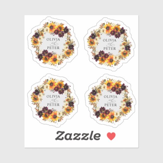 Rustic Boho Sunflower Burgundy Floral Fall Wedding Sticker (Vel)