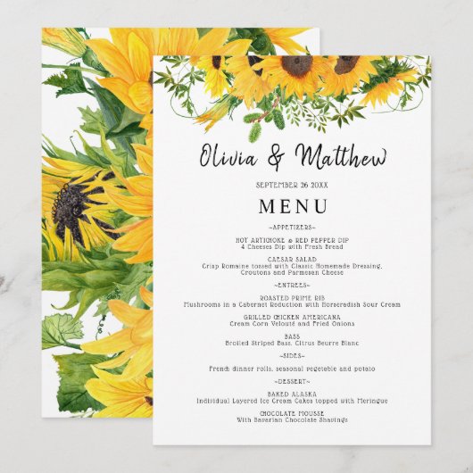 Rustic Boho Sunflower Floral Bouquet Wedding Menu (Voorkant / Achterkant)