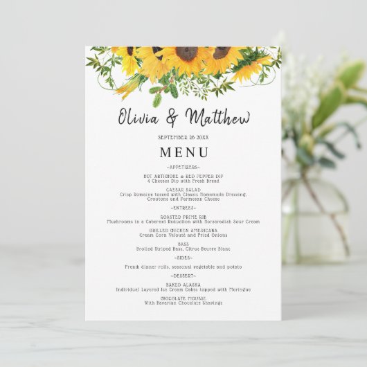 Rustic Boho Sunflower Floral Bouquet Wedding Menu (Staand voorkant)