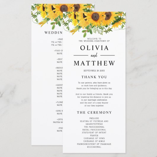 Rustic Boho Sunflower Floral Bouquet Wedding Programmakaart (Voorkant / Achterkant)