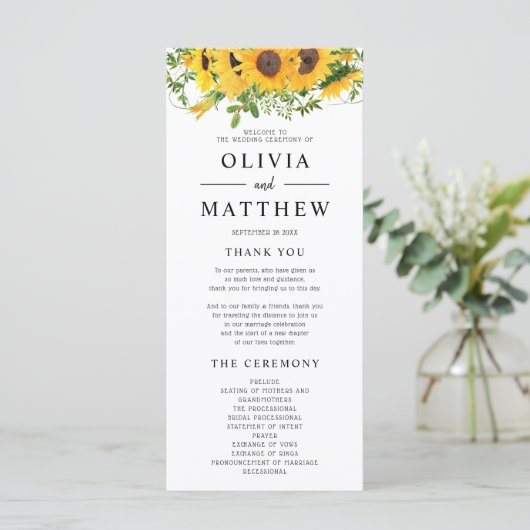 Rustic Boho Sunflower Floral Bouquet Wedding Programmakaart (Staand voorkant)