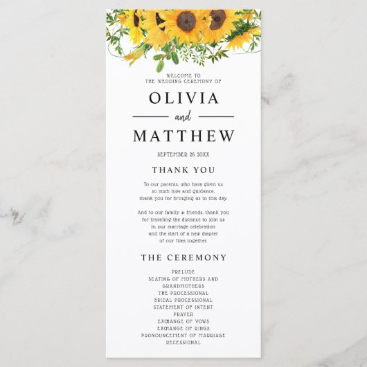 Rustic Boho Sunflower Floral Bouquet Wedding Programmakaart (Voorkant)