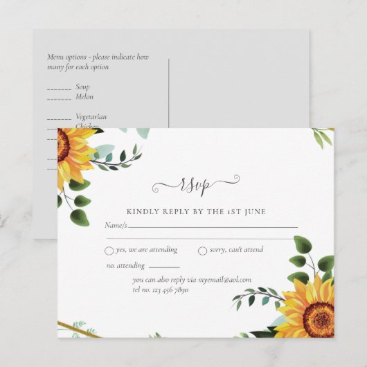 Rustic BOHO Sunflower Greenery Wedding RSVP Briefkaart (Voorkant / Achterkant)