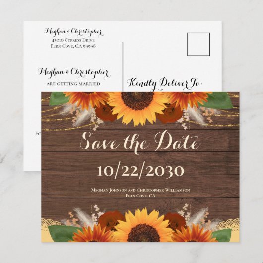 Rustic Boho Sunflower Rozen Wedding Save the Date Briefkaart (Voorkant / Achterkant)