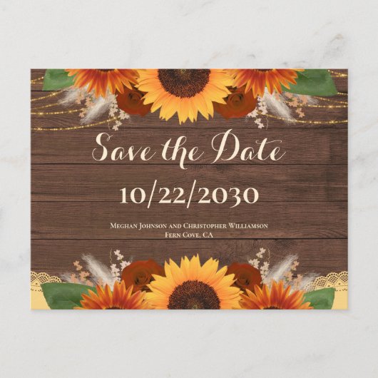 Rustic Boho Sunflower Rozen Wedding Save the Date Briefkaart (Voorkant)