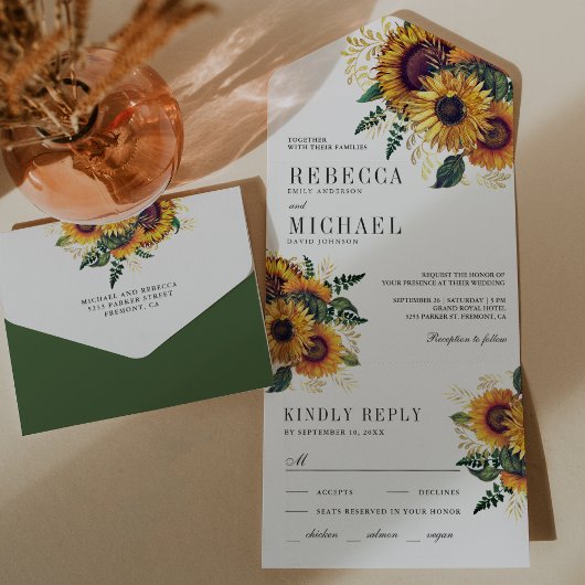 Rustic Boho Sunflower Wedding All In One Uitnodiging