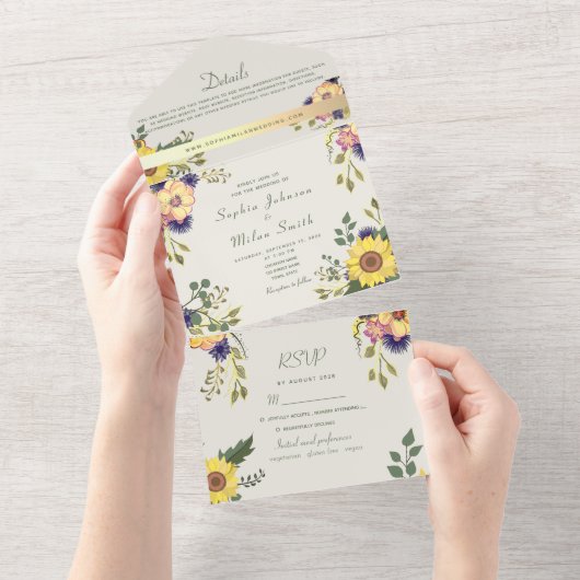  Rustic Boho Sunflower Wedding All In One Uitnodiging (Afscheurbaar)