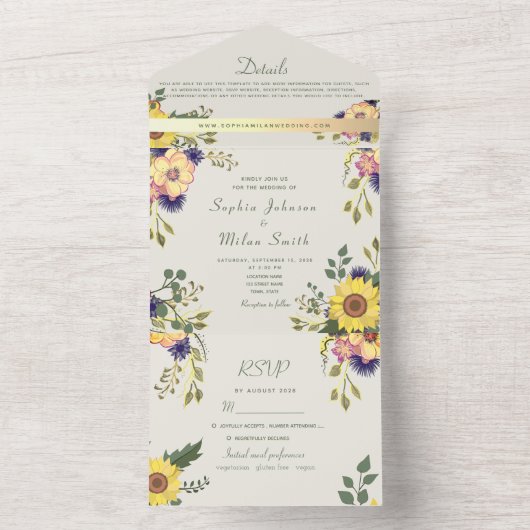  Rustic Boho Sunflower Wedding All In One Uitnodiging (Binnen)