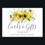 Rustic Boho Sunflower Wedding Cards and Gifts Sign Poster<br><div class="desc">Boho Chic-kaarten en cadeaus trouwbord sjabloon. Hij heeft een rustige rand bovenaan, met felgele zonnebloemen, groene bladeren voor de slacht en zwarte en witte open botanische elementen. Deze maken het perfect voor een zomer- of herfstbruiloft. Veel groene bladeren en gevaren geven het een frisse Boho blik. Kaarten en geschenken worden...</div>