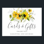 Rustic Boho Sunflower Wedding Cards and Gifts Sign Poster<br><div class="desc">Boho Chic-kaarten en cadeaus trouwbord sjabloon. Hij heeft een rustige rand bovenaan, met felgele zonnebloemen, groene bladeren voor de slacht en zwarte en witte open botanische elementen. Deze maken het perfect voor een zomer- of herfstbruiloft. Veel groene bladeren en gevaren geven het een frisse Boho blik. Kaarten en geschenken worden...</div>