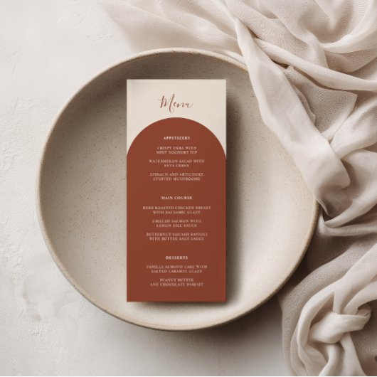 Rustic Boho Terracotta Arches Retro Wedding Dinner Menu