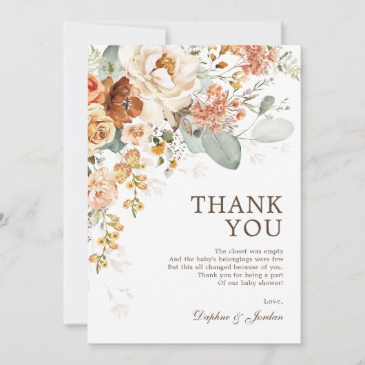 Rustic Boho Terracotta Floral neutraal Baby shower Bedankkaart (Voorkant)