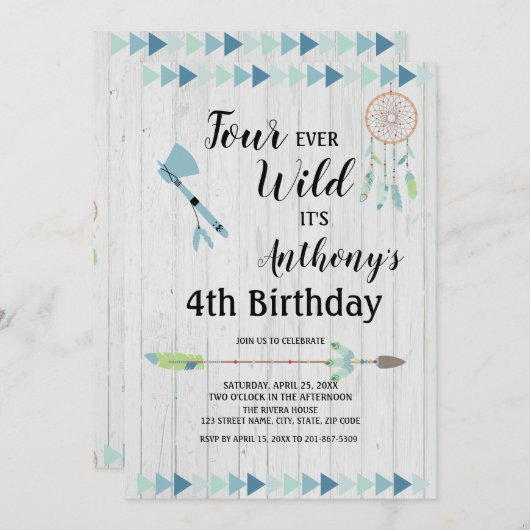 Rustic Boho Tribal Four Ever Wild 4th Birthday Kaart (Voorkant / Achterkant)