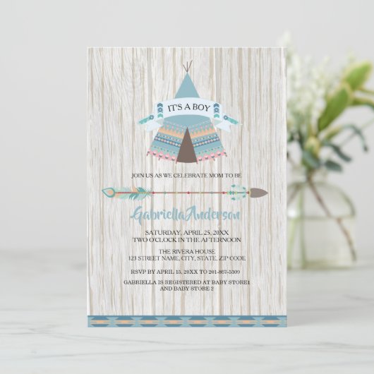 Rustic Boho Tribal Teepee Baby Boy Baby shower Kaart (Staand voorkant)