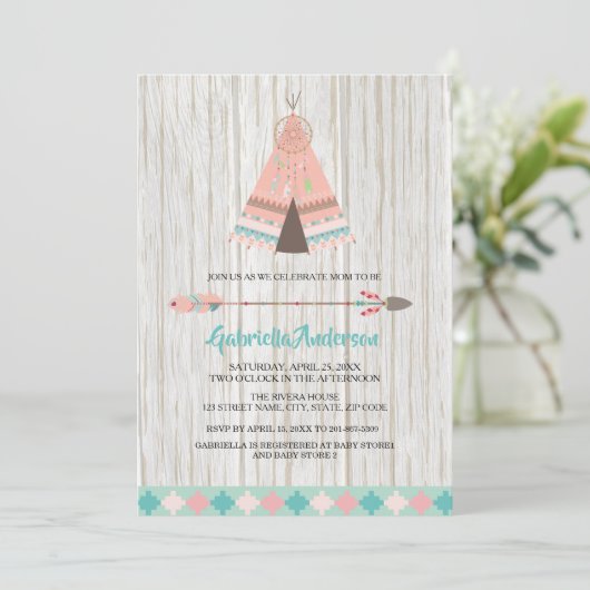 Rustic Boho Tribal Teepee Baby shower Invitation Kaart (Staand voorkant)