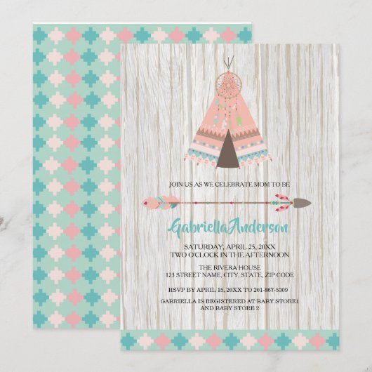 Rustic Boho Tribal Teepee Baby shower Invitation Kaart (Voorkant / Achterkant)