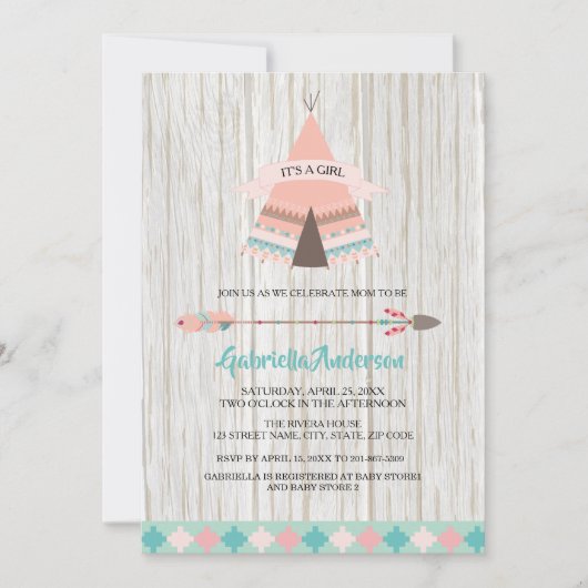 Rustic Boho Tribal Teepee Girl Baby shower Kaart (Voorkant)