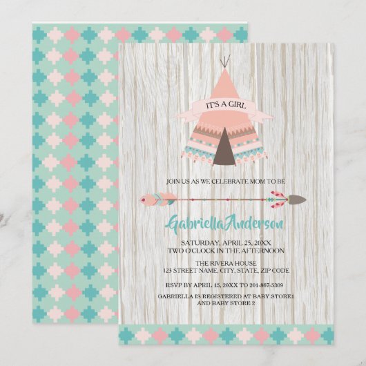 Rustic Boho Tribal Teepee Girl Baby shower Kaart (Voorkant / Achterkant)