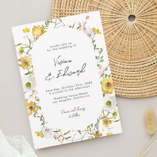 Rustic Boho Watercolor Yellow Floral Wedding Kaart