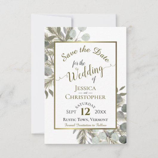 Rustic Boho Waterverf Eucalyptus & Pine Wedding Save The Date (Voorkant)