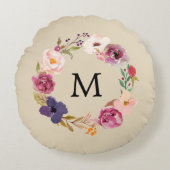 Rustic Boho Waterverf Floral Wreath Monogram Rond Kussen (Voorkant)