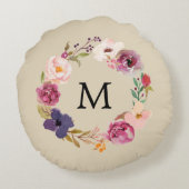 Rustic Boho Waterverf Floral Wreath Monogram Rond Kussen (Achterkant)