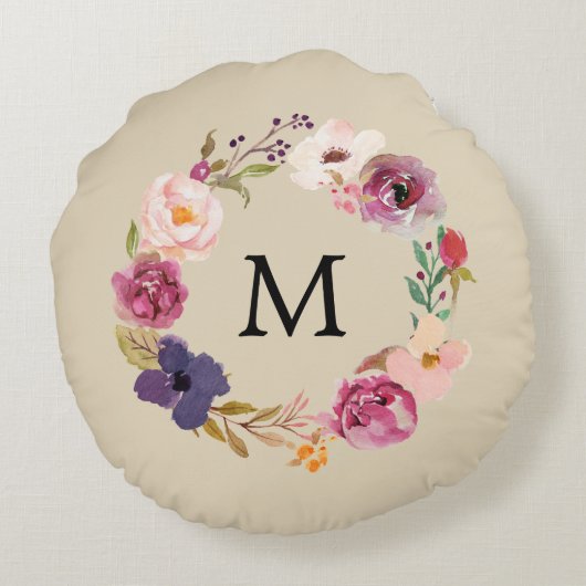 Rustic Boho Waterverf Floral Wreath Monogram Rond Kussen (Achterkant)