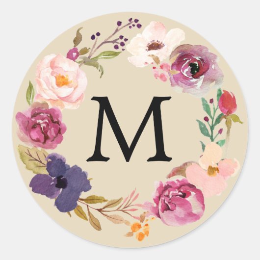 Rustic Boho Waterverf Floral Wreath Monogram Ronde Sticker (Voorkant)