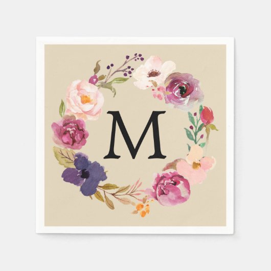 Rustic Boho Waterverf Floral Wreath Monogram Servet (Voorkant)