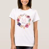 Rustic Boho Waterverf Floral Wreath Monogram T-shirt (Voorkant)
