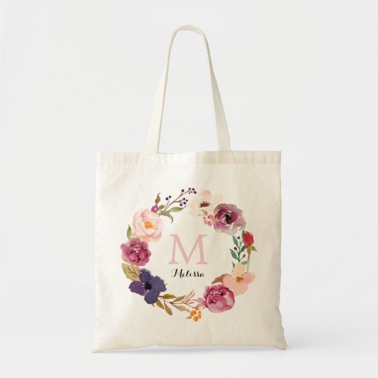 Rustic Boho Waterverf Floral Wreath Monogram Tote Bag (Voorkant)